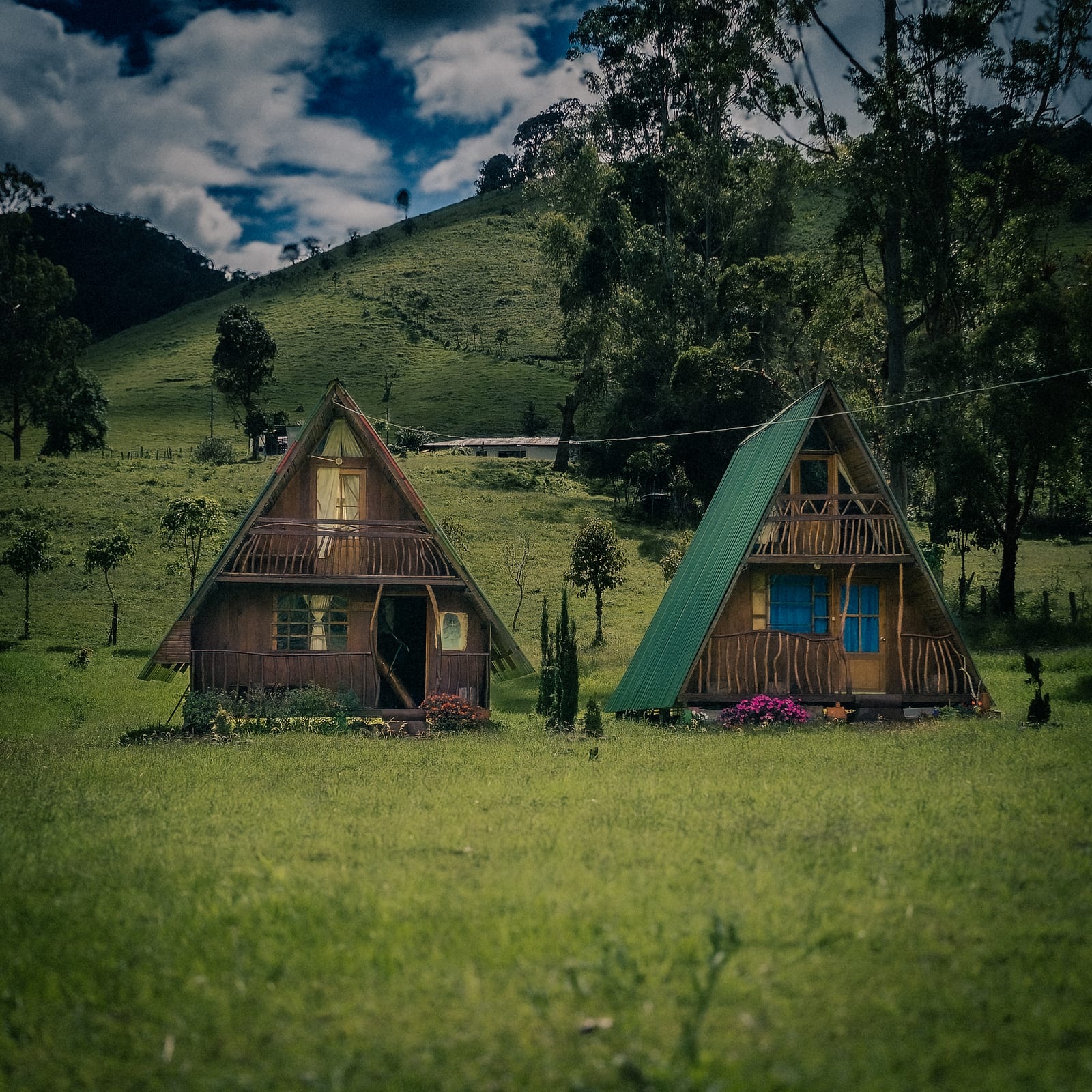 Dos cabañas en el prado verde